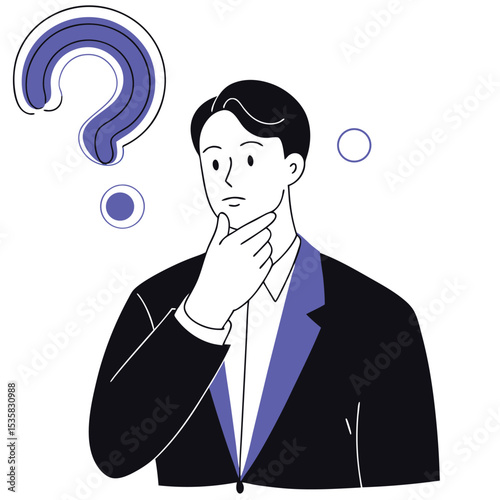 Thoughtful Asian businessman considers questions as large question mark floats near him on white backdrop