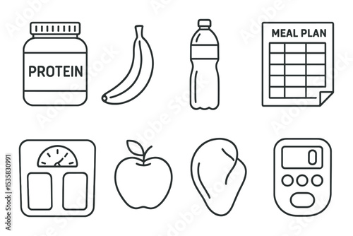 Fitness nutrition: protein jar, banana, water bottle, meal plan, scale, apple, chicken breast, calorie counter. Linear style, isolated, no text
