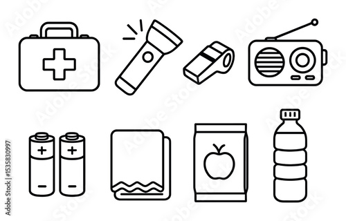 Emergency kit in linear style: first aid, flashlight, whistle, radio, batteries, thermal blanket, food pack, water bottle.