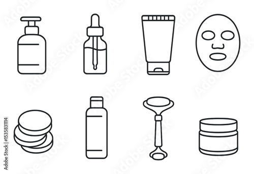 Skincare essentials in linear style: cleanser, serum, sunscreen, face mask, cotton pads, toner bottle, facial roller, cream jar.