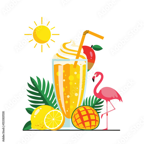 Tropical fruit cocktail with lemon and pineapple in summer sun  