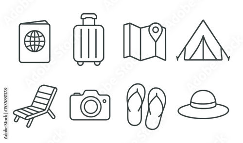 Travel & leisure icons linear style: passport, suitcase, map, tent, beach chair, camera, flip flops, sunhat.