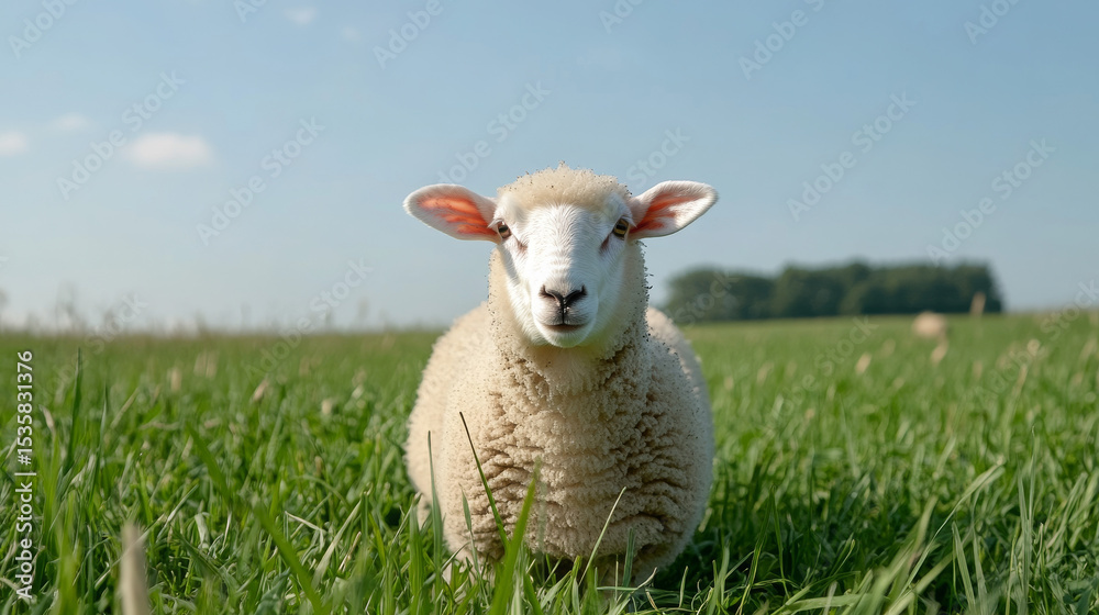 Obraz premium Freshly sheared sheep standing in green grass under blue sky 