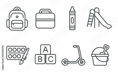 Children icons linear style: school backpack, lunchbox, crayon, slide, paint set, alphabet blocks, scooter, sandbox toy.