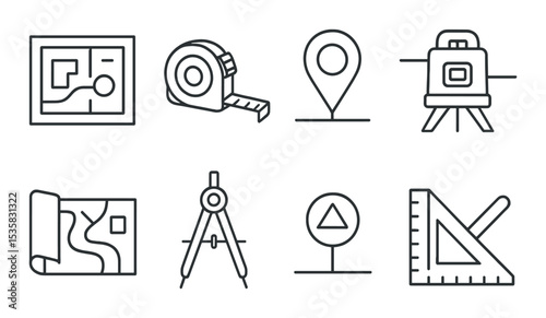Construction icons linear style: site plan, measuring tape, site marker, laser level, site map, drafting compass, elevation marker, angle square.