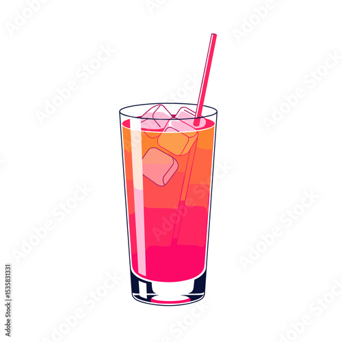 Colorful cocktail with ice cubes and straw in a tall glass  