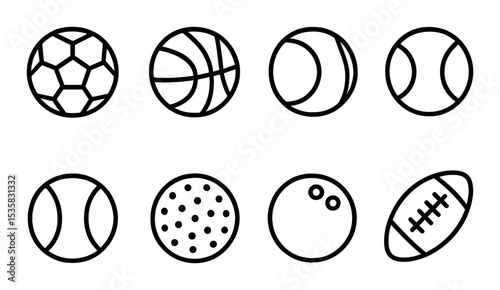 Sports balls linear icons: soccer ball, basketball, volleyball, tennis ball, baseball, golf ball, bowling ball, rugby ball.