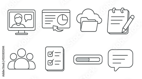 Remote collaboration in linear style: video call, shared screen, cloud folder, notes, checklist, group icon, progress bar, chat bubble.