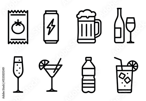 linear style icons of food: ketchup packet, energy drink, beer glass, wine bottle, champagne flute, cocktail glass, water bottle, ice tea.
