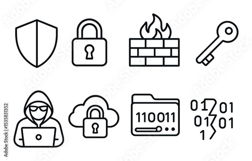 Cyber security in linear style: shield, lock, firewall, key, password, hacker, secure cloud, data breach.