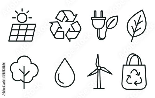 Eco objects: solar, recycle, plug, leaf, tree, water, wind, zero waste. Linear style, isolated, no text