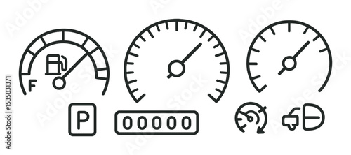 Driving dashboard: fuel gauge, speedometer, tachometer, gear indicator, trip meter, cruise control, light alert, door status. Linear style, isolated, no text