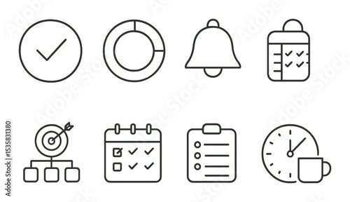 Time management & productivity in linear style: task priority, progress circle, reminder bell, weekly plan, timer icon, smart goals icon, time log, break timer.