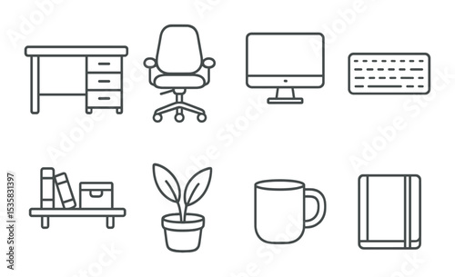 Home office setup in linear style: desk, office chair, computer monitor, keyboard, shelf, plant pot, mug, notebook.