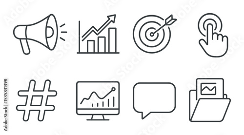 Digital marketing in linear style: megaphone, SEO graph, target, click hand, hashtag, analytics screen, message bubble, content folder.