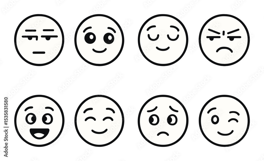Everyday emotions in linear style: bored face, hopeful eyes, peaceful breath, annoyed look, excited bounce, satisfied sigh, worried glance, flirty wink. Everyday emotions in linear style: bored face, hopeful eyes, peaceful breath, annoyed look, excited bounce, satisfied sigh, worried glance, flirty wink.