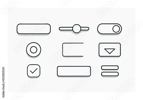 User interface elements in linear style: button, slider, toggle, dropdown, radio button, checkbox, input field, menu.