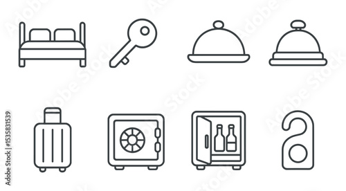 Hotel services linear icons: bed, key, room service tray, concierge bell, luggage, safe, minibar, door hanger.