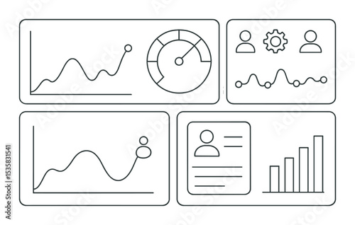 Dashboard UI: graph, meter, activity line, bell icon, settings, user count, performance, summary card. Linear style, isolated, no text