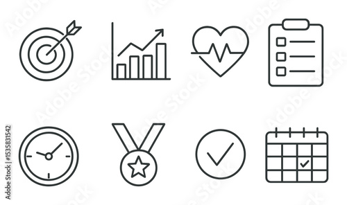 Workout tracker: goal, graph, heart rate, checklist, clock, badge, completed mark, week view. Linear style, isolated, no text