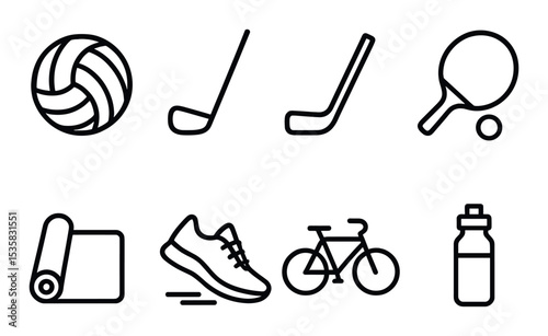 linear style icons of sports: volleyball, golf club, hockey stick, table tennis paddle, running shoe, yoga mat, bicycle, water bottle.