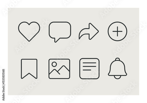 Social media actions in linear style: like, comment, share, follow, bookmark, post, feed, notification.