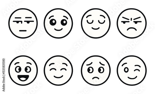 Everyday emotions in linear style: bored face, hopeful eyes, peaceful breath, annoyed look, excited bounce, satisfied sigh, worried glance, flirty wink.