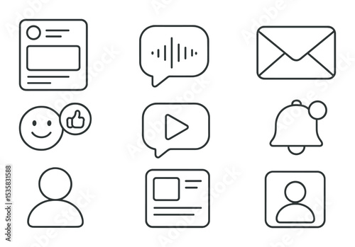 Social media & communication in linear style: social feed, voice chat, emoji reaction, direct inbox, video reply, app notification, contact icon, post preview.