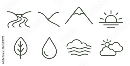 Nature symbols: river, valley, mountain, sunset, leaf, dew, fog, sky. Linear style, isolated, no text