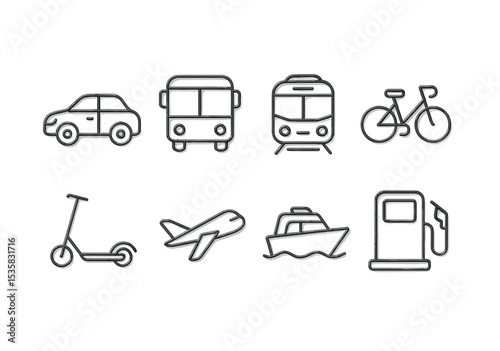 Transportation modes in linear style: car, bus, train, bicycle, scooter, airplane, boat, fuel pump.