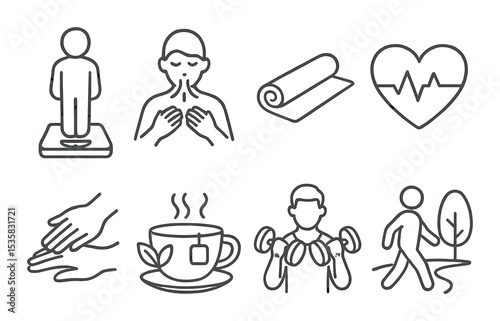 Health and wellness, linear style: person on scale, mindful breathing, gym mat, heart health icon, massage hands, detox tea cup, man lifting weights, nature walk.