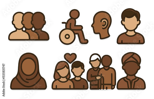 Diversity icons in linear style: skin tones, wheelchair user, hearing aid, gender neutral, hijab avatar, LGBTQ couple, elderly care, cultural dress.