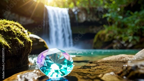 Gemstone sits on a mossy rock near a clear stream with waterfall in a lush, green, serene forest in the soft morning light