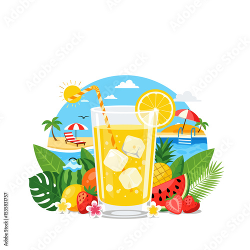 Colorful summer drink with ice and fruit surrounded by beach scenery  