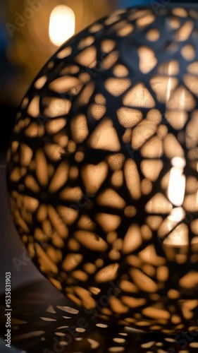 Decorative spherical lamp with intricate geometric pattern casting soft shadows in a darkened room, creating a warm and ambient mood