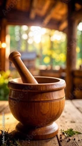 Wooden mortar and pestle on rustic table with herbs and botanical elements for culinary or alternative medicine preparation