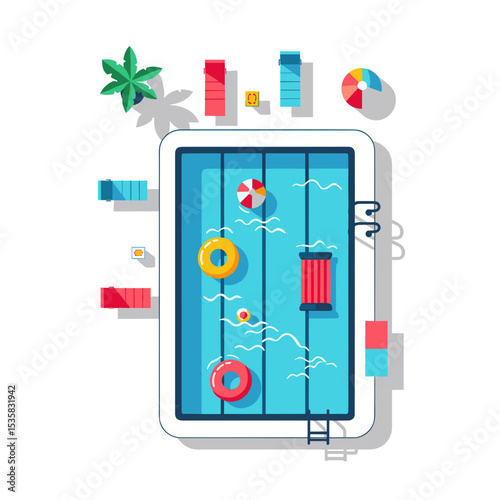 Colorful swimming pool scene with inflatable floats and sun loungers  