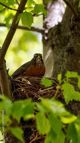 An American robin bird perched comfortably in its well-crafted nest in a tree, surrounded by fresh green leaves and branches during springtime.