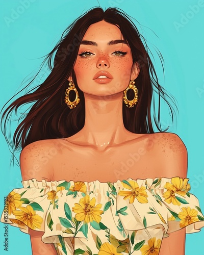 Young woman with freckled face wearing floral dress and large earrings in vibrant background