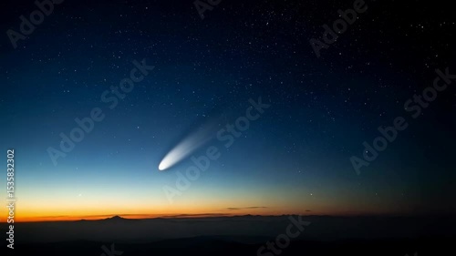 Bright comet with tail streaking across the night sky over silhouette of mountains during twilight hours.