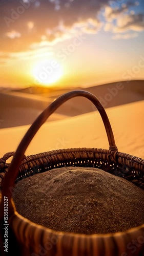 Wicker basket filled with grains rests on sand dunes under setting sun with sky in warm golden hues