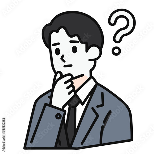 Thoughtful asian business man contemplates a question mark icon in puzzlement and deep reflection