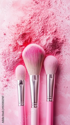 Pink makeup brushes arranged neatly over a vibrant pink powder background showcasing beauty tools for makeup application