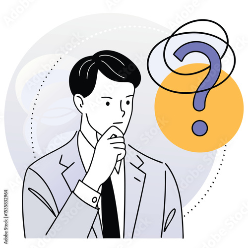Pensive Asian man in suit contemplates questions surrounding a blue question mark symbol