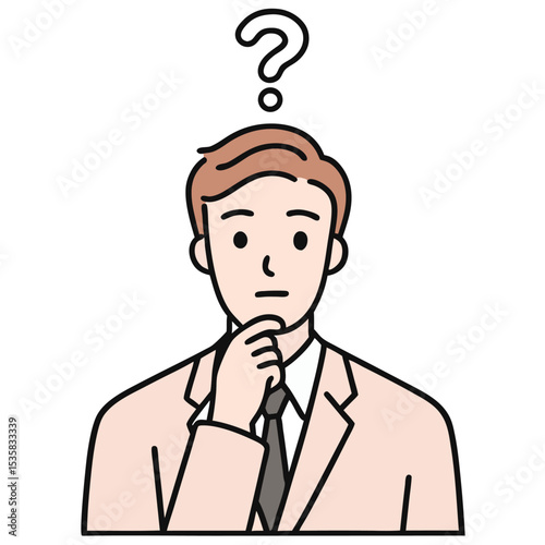 Brownhaired professional man in a suit is depicted contemplating with a question mark