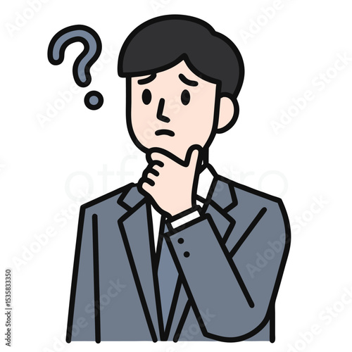 Puzzled young Asian man contemplates a solution while under a large question mark above