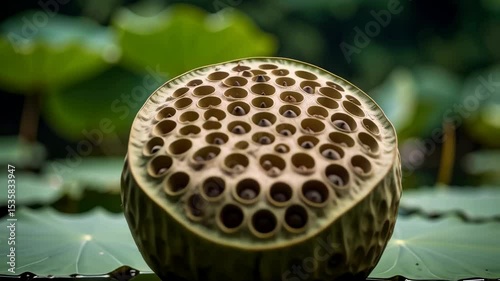 Macro image of a green lotus seed pod with many seeds in individual holes, resting on a green lotus leaf on dark pond water.