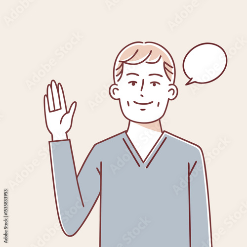 Smiling man with speech bubble raising hand offers a greeting, simple lines