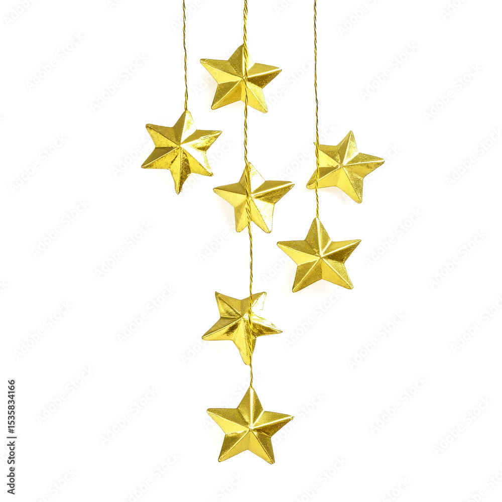 Obraz premium Golden stars hanging decoration on white background