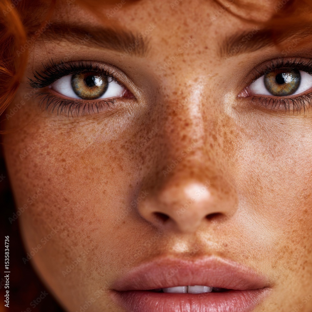 Naklejka premium A young woman with curly red hair and freckles gazes at the camera on a sunny day
